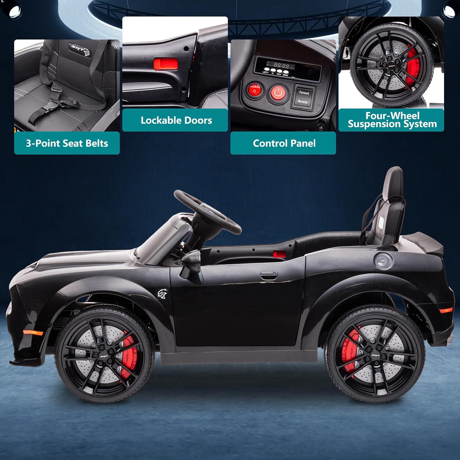 SEGMART Dodge Kids Ride on Car, vehículo eléctrico de 12 V para niños con control remoto, luz LED, MP3 y Bluetooth, sistema de suspensión (negro)