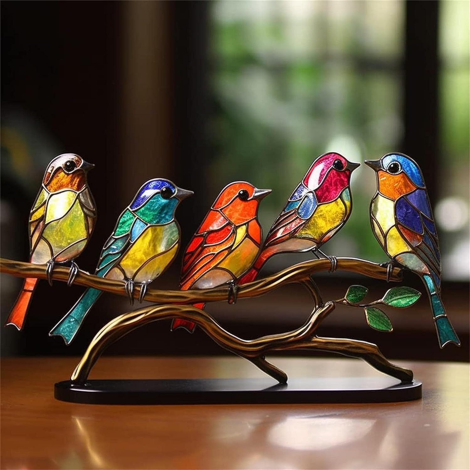 Adornos de escritorio de pájaros en rama, acrílico manchado de doble cara, estatua multicolor de colibrí, escultura de pájaro de arte de metal,