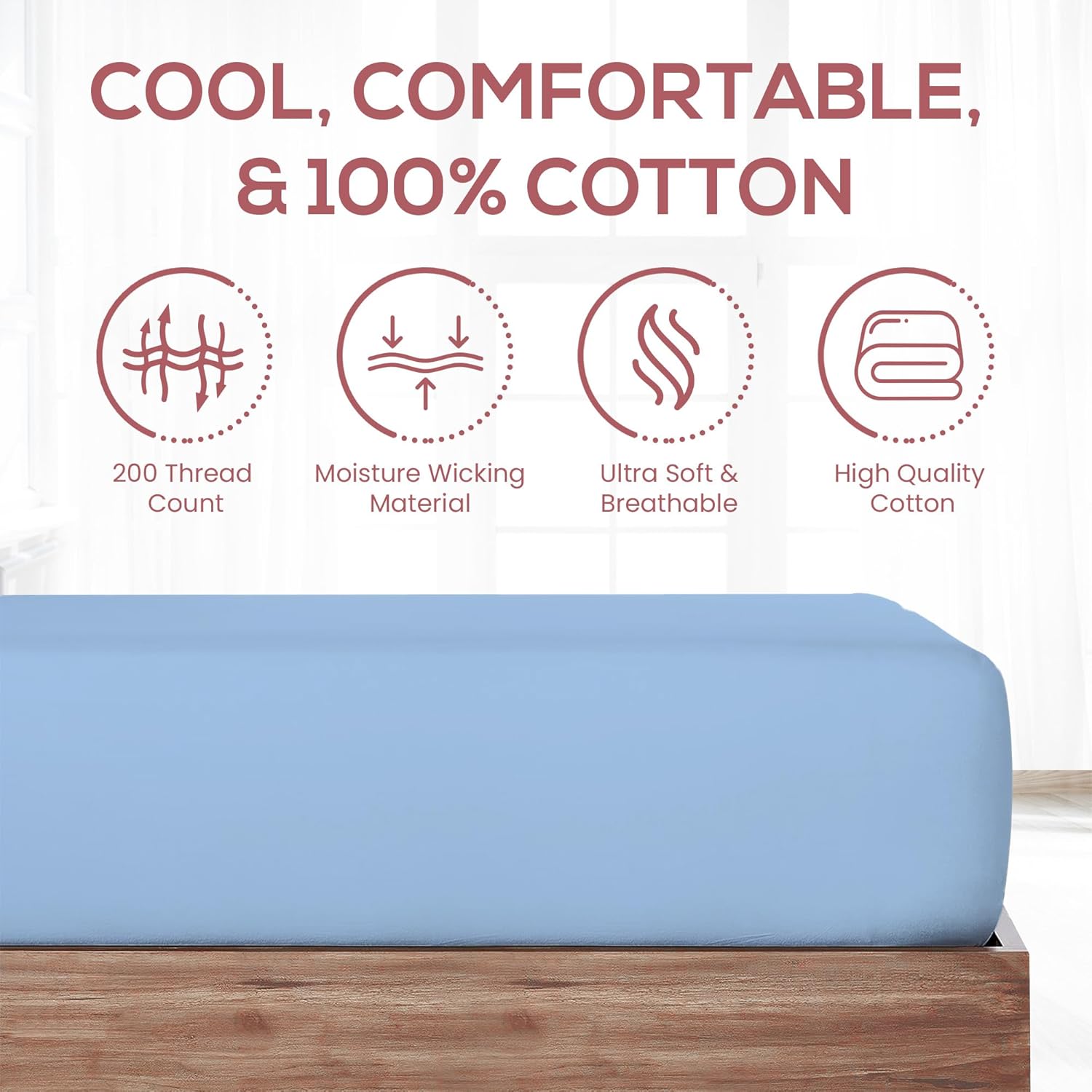 Superity Linen Sábana bajera ajustable de algodón que absorbe la humedad para un sueño transpirable, seco y cómodo. 200 hilos (azul)