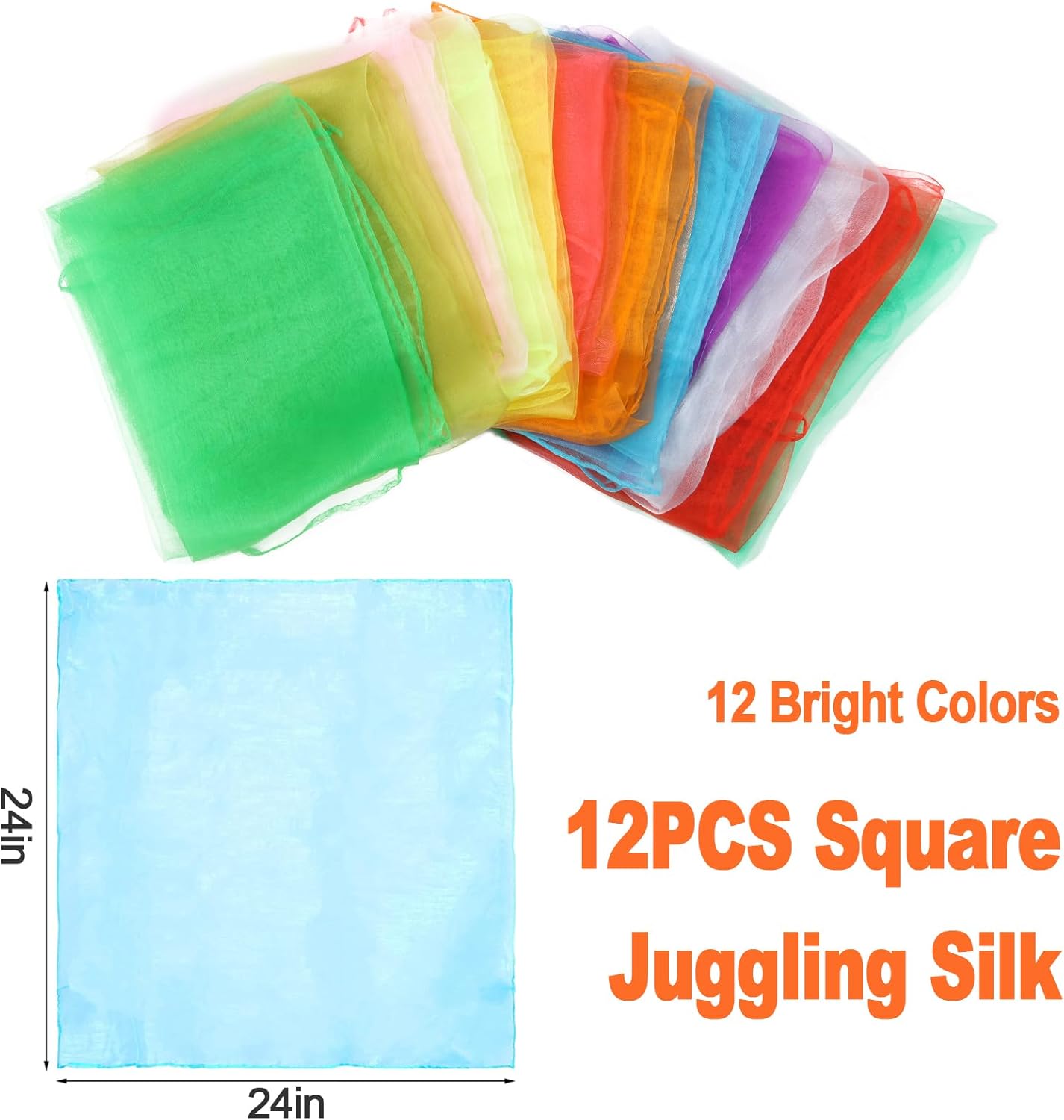 KIMOBER 12 bufandas cuadradas de baile, 12 colores malabares de seda, trucos de magia de música, accesorios para niños pequeños (24 x 24 pulgadas)