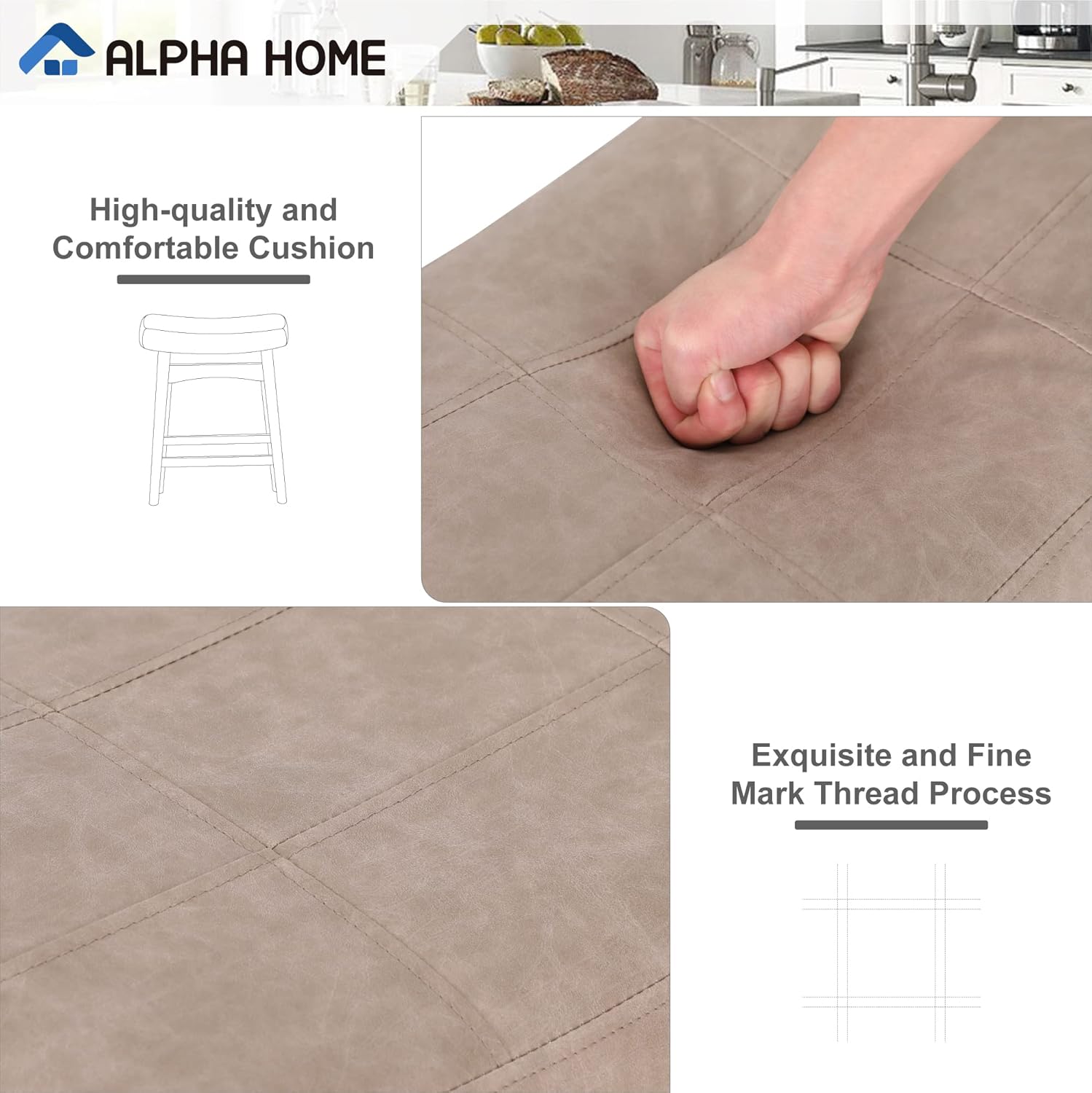 ALPHA HOME Juego de 4 taburetes de bar, taburetes de cocina de madera maciza con cojín de piel sintética beige, taburetes de bar con base de madera