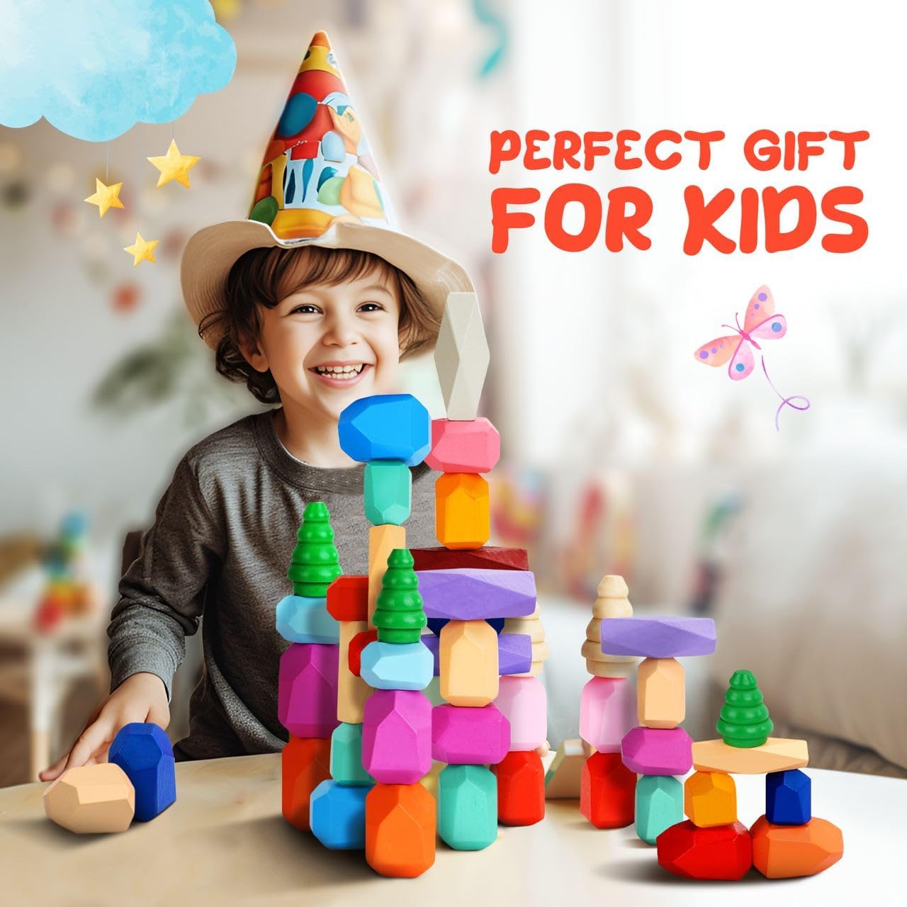Qubomax 40 piezas de juguetes apilables de madera  Bloques de construcción Montessori para niños a partir de 3 años  Juego de aprendizaje preescolar