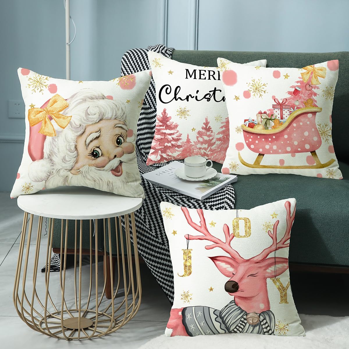 wyooxoo Fundas de almohada de Navidad de 16 x 16 pulgadas, juego de 4 fundas de almohada con diseño de reno rosa con árbol de Navidad, decoración de