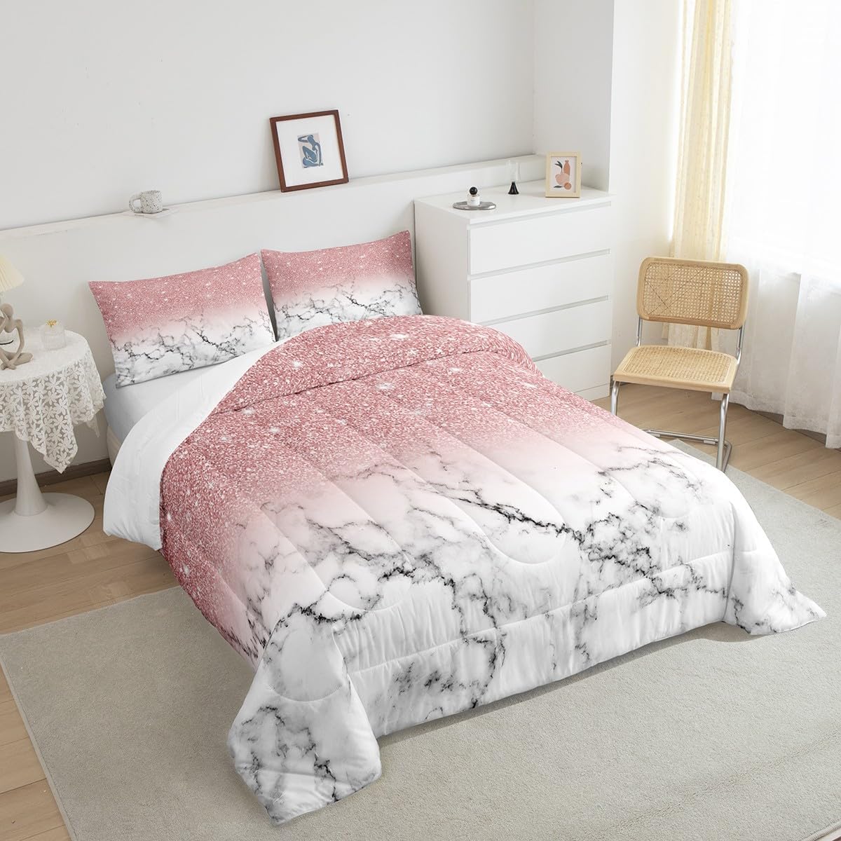 Feelyou Juego de edredón de mármol para niñas, tamaño individual, con purpurina degradada, para niños, niñas y mujeres, juego de ropa de cama con
