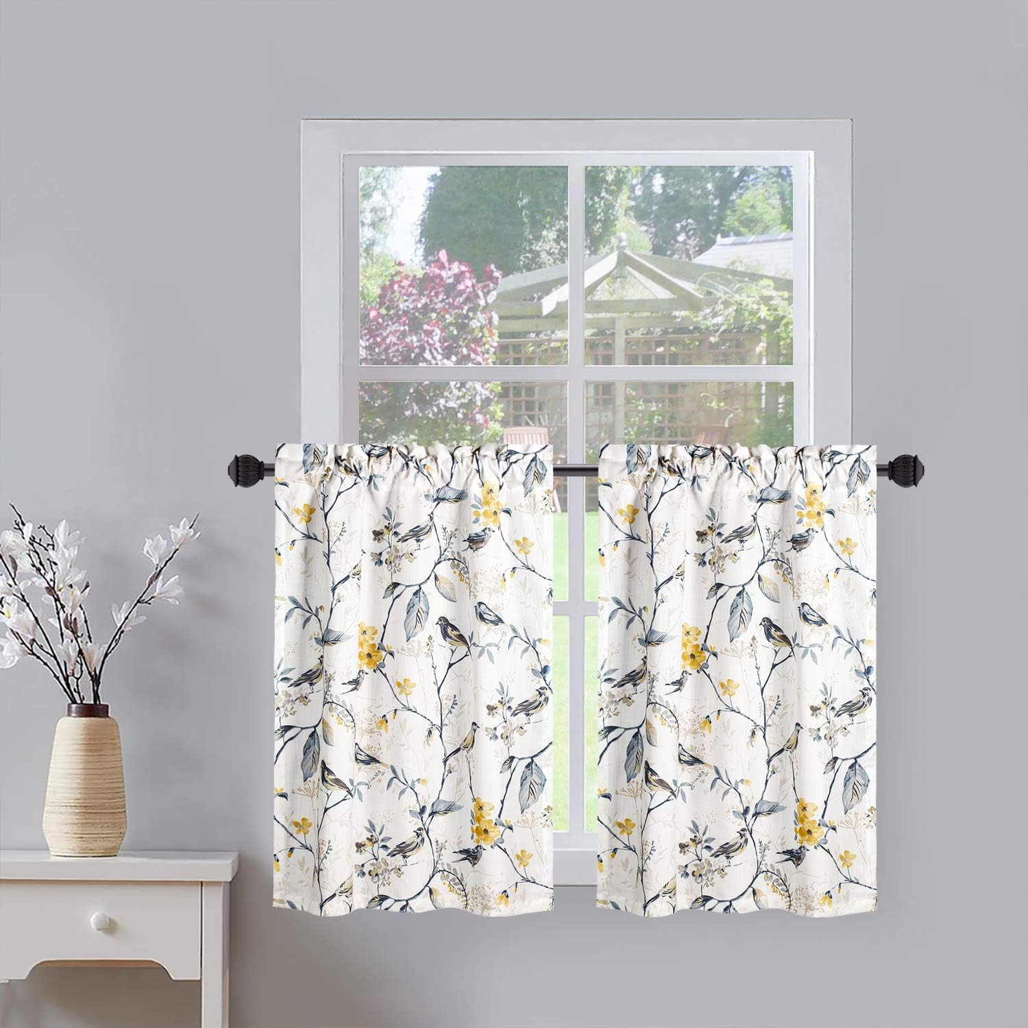 Vogol – Volantes para ventana de cocina estampadas con aves, textura de lino de 18.0pulgadas de largo para ventanas pequeñas, un paño