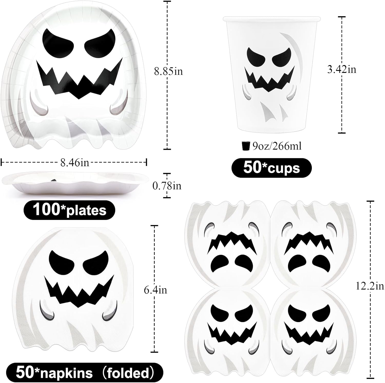 200 platos y servilletas de Halloween, suministros para fiesta, fantasma, papel desechable, cena, postre, aperitivo, cubiertos, juegos de vajilla