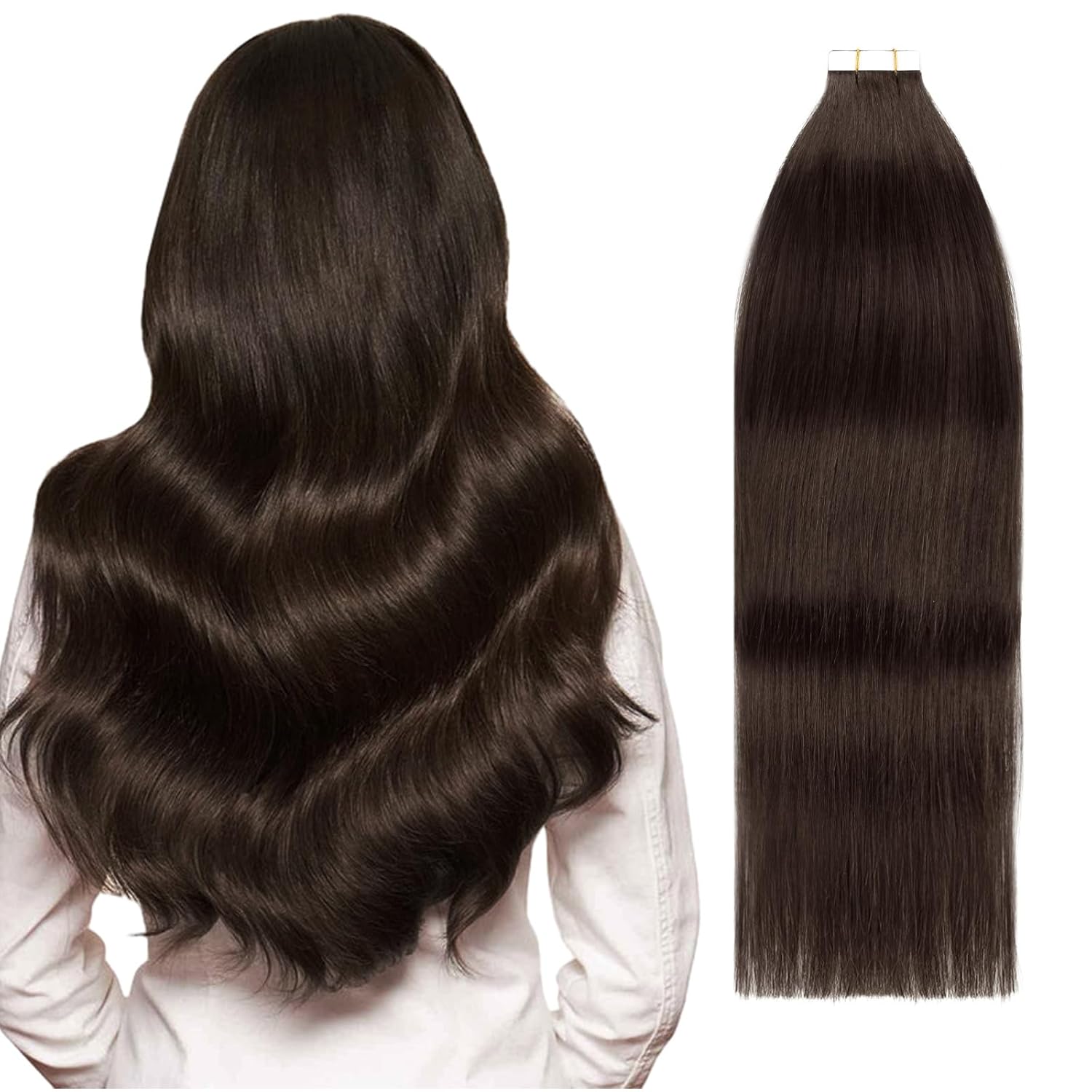 YMEYME Extensiones de cabello humano con cinta, color marrón oscuro, cabello humano real, 2 extensiones de trama de piel lacio, sin costuras, 0