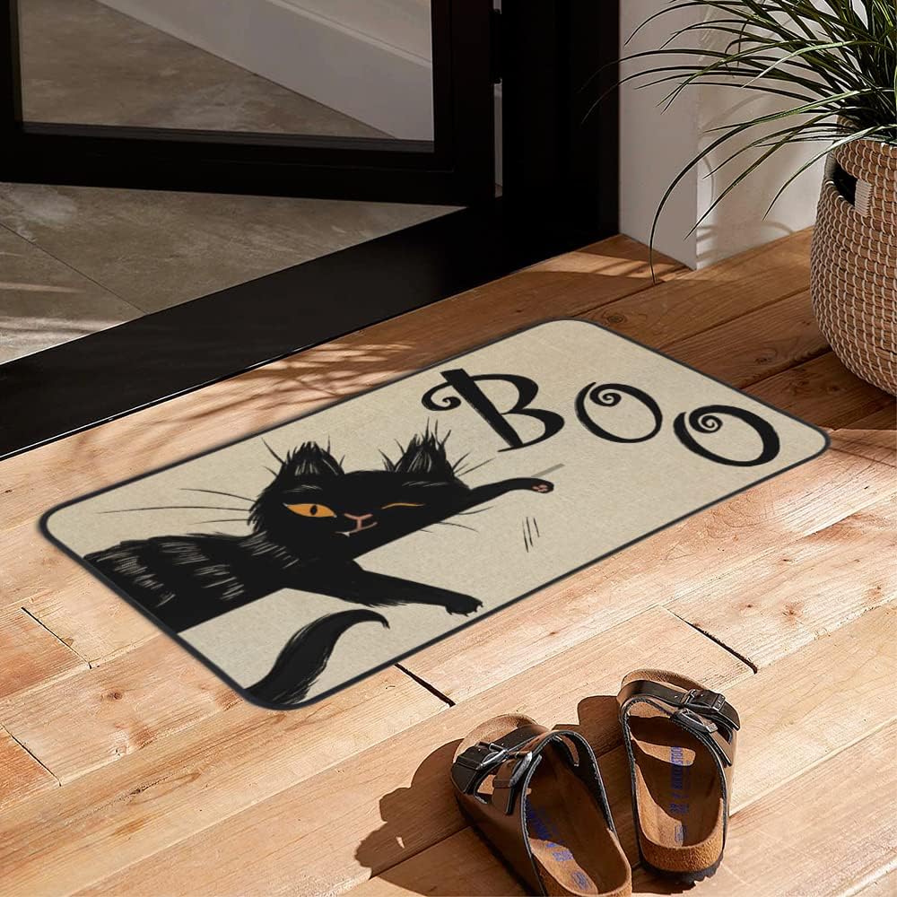 Tapete decorativo de bienvenida de gato negro de Halloween, 17 x 29 pulgadas, antideslizante y lavable, tapete de goma trasera de goma para