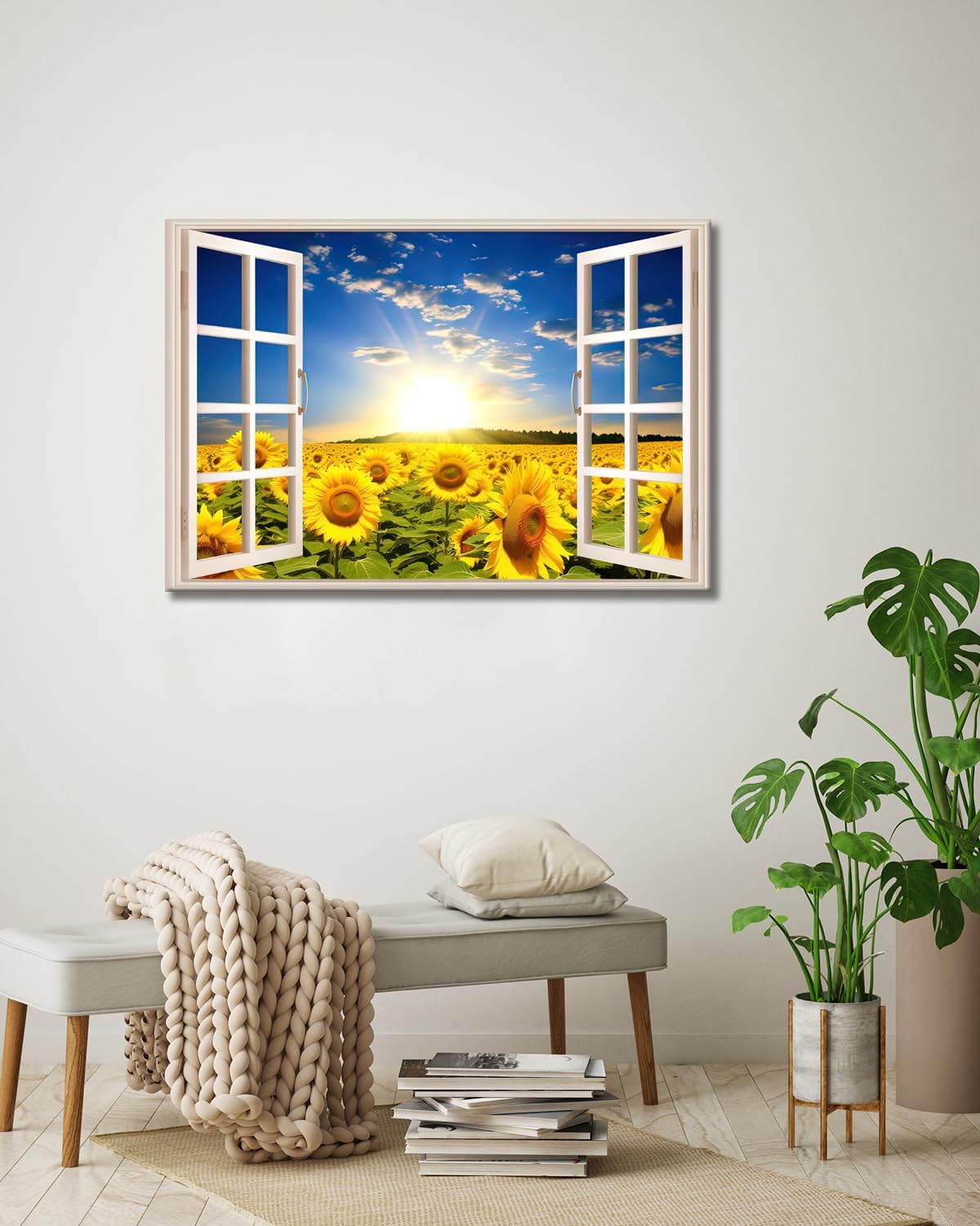 GLOKAKA Decoración artística de pared de girasol, vista de campo de girasol y paisaje de cielo azul, arte de pared de naturaleza, cuadros de flores