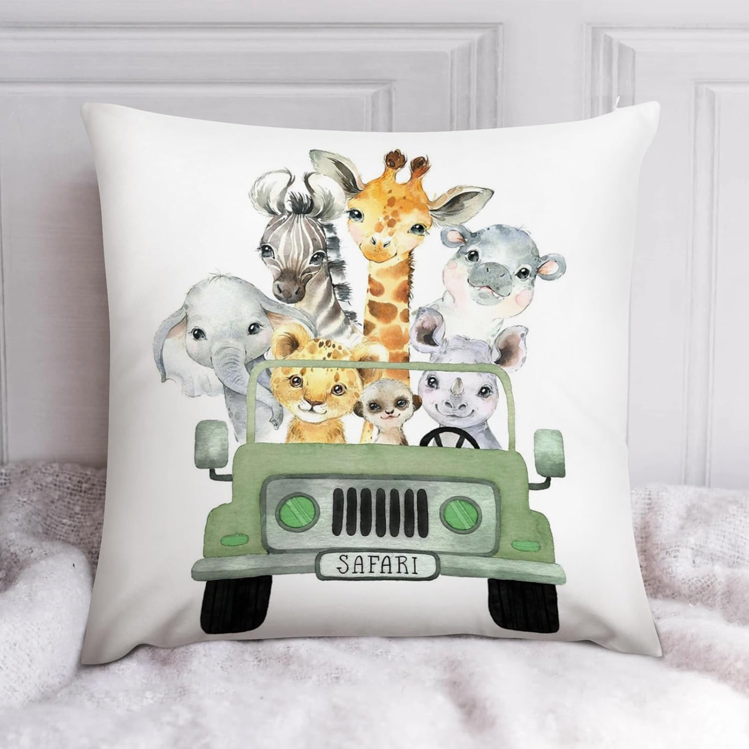 Funda de almohada decorativa para bebé niño y niña, diseño de safari con diseño de camión de animales de safari, funda de cojín de selva,