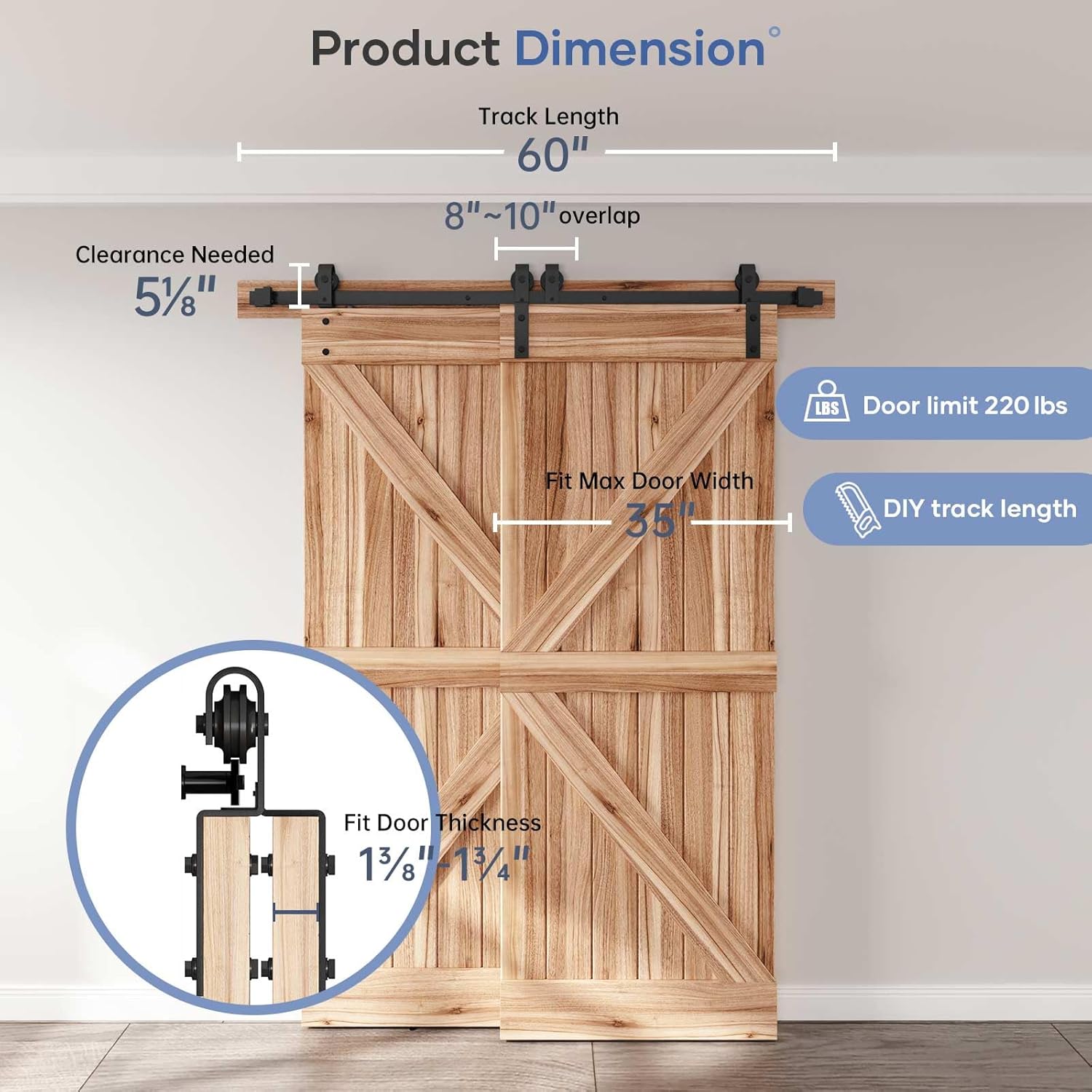 EaseLife – Kit de herrajes para puerta de granero corredera doble, riel único