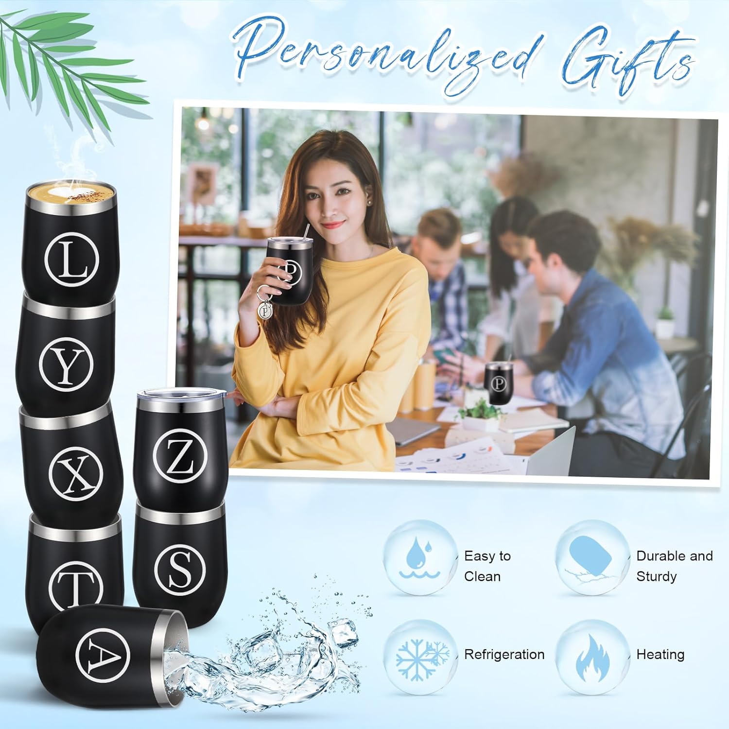 Dandat Vaso de vino personalizado, regalos con llavero personalizado, taza inicial de viaje de acero inoxidable negro de 12 onzas con tapa y popote