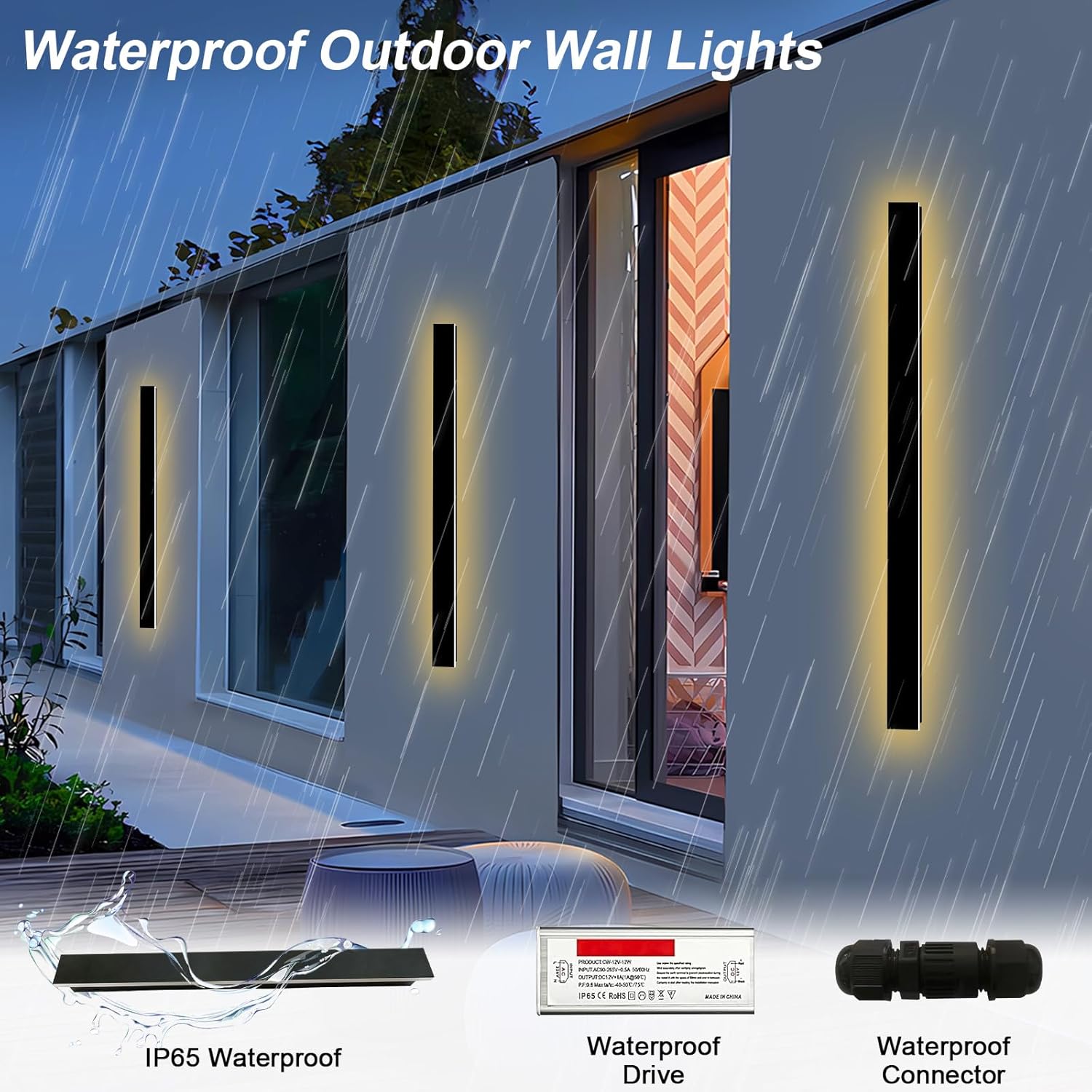 GREMLBUK Paquete de 2 luces de pared para exteriores, lámparas LED negras para montaje en pared, modernas luces de porche, lámpara de pared lineal
