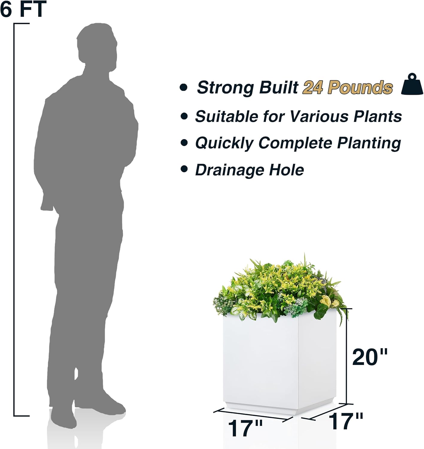 Maceta metálica de cubo pesado, maceta grande para exteriores, maceta cuadrada para árboles, plantas altas y flores, 17 pulgadas de largo x 17