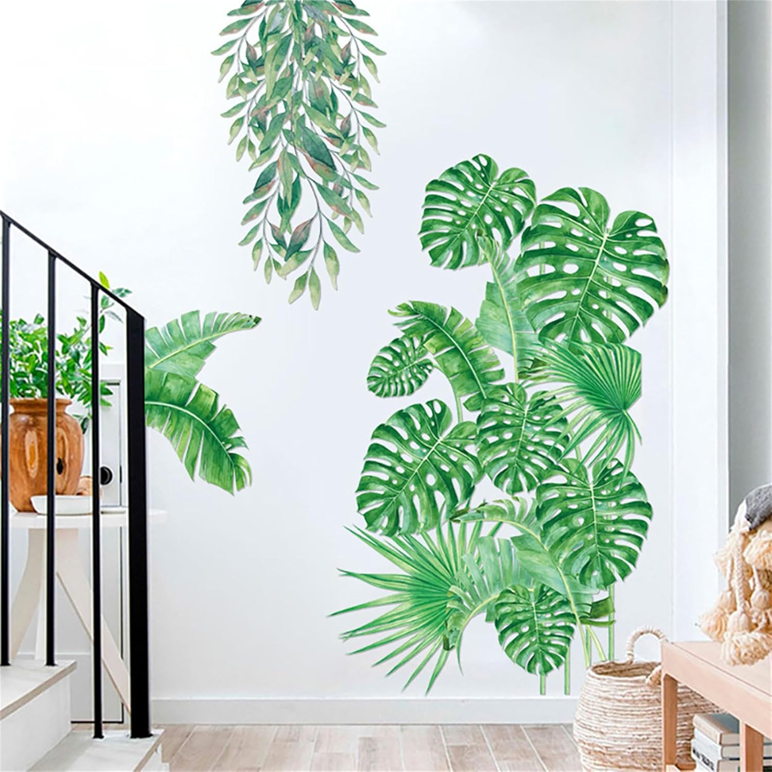 Calcomanías de pared grandes de hojas verdes, calcomanías de pared de hojas de plantas tropicales para colgar en la parte trasera de tortuga,