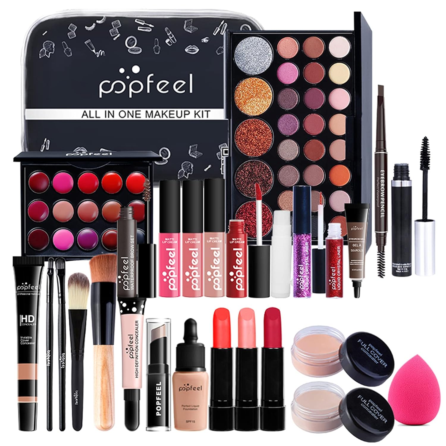 Joyeee Juego de regalo de maquillaje todo en uno, kit de maquillaje de viaje, paquete completo de maquillaje para principiantes, lápiz labial,