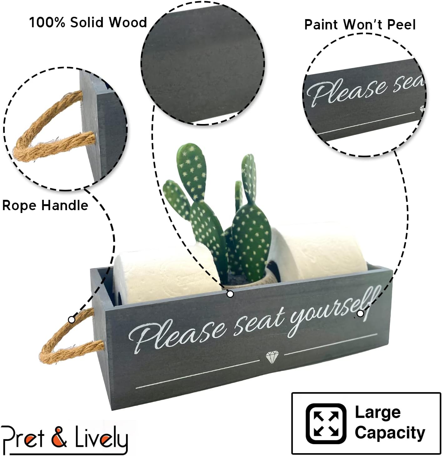 Pret & Lively Caja de casa de campo, con texto en inglés “Please Seat Yourself, baño, cesta de almacenamiento, soporte para papel higiénico, regalo