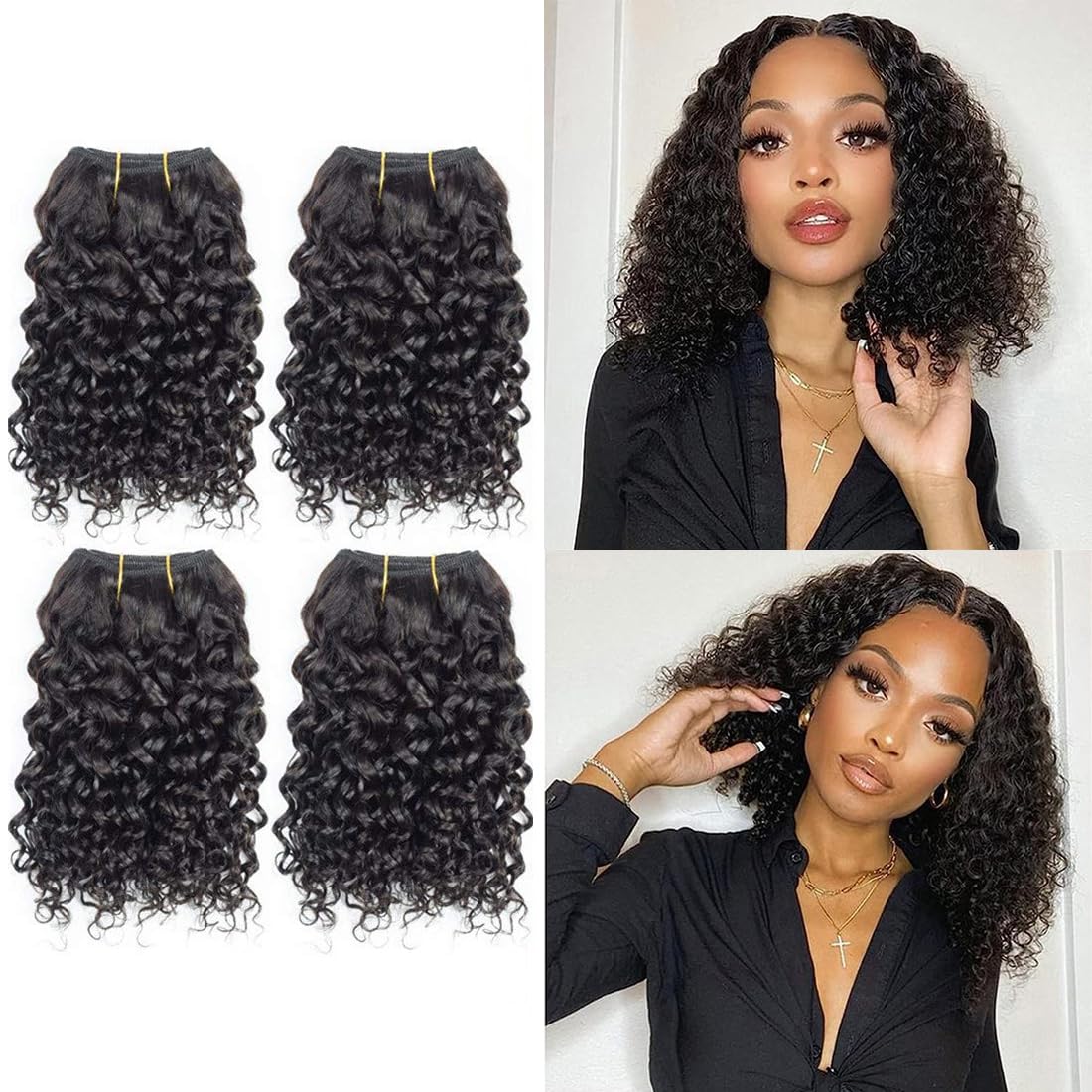 Paquetes de cabello humano rizado ondulado 4 paquetes cortos de 8, 8, 8, 8 pulgadas, paquetes de ondas de agua 10A brasileño 100% sin procesar,