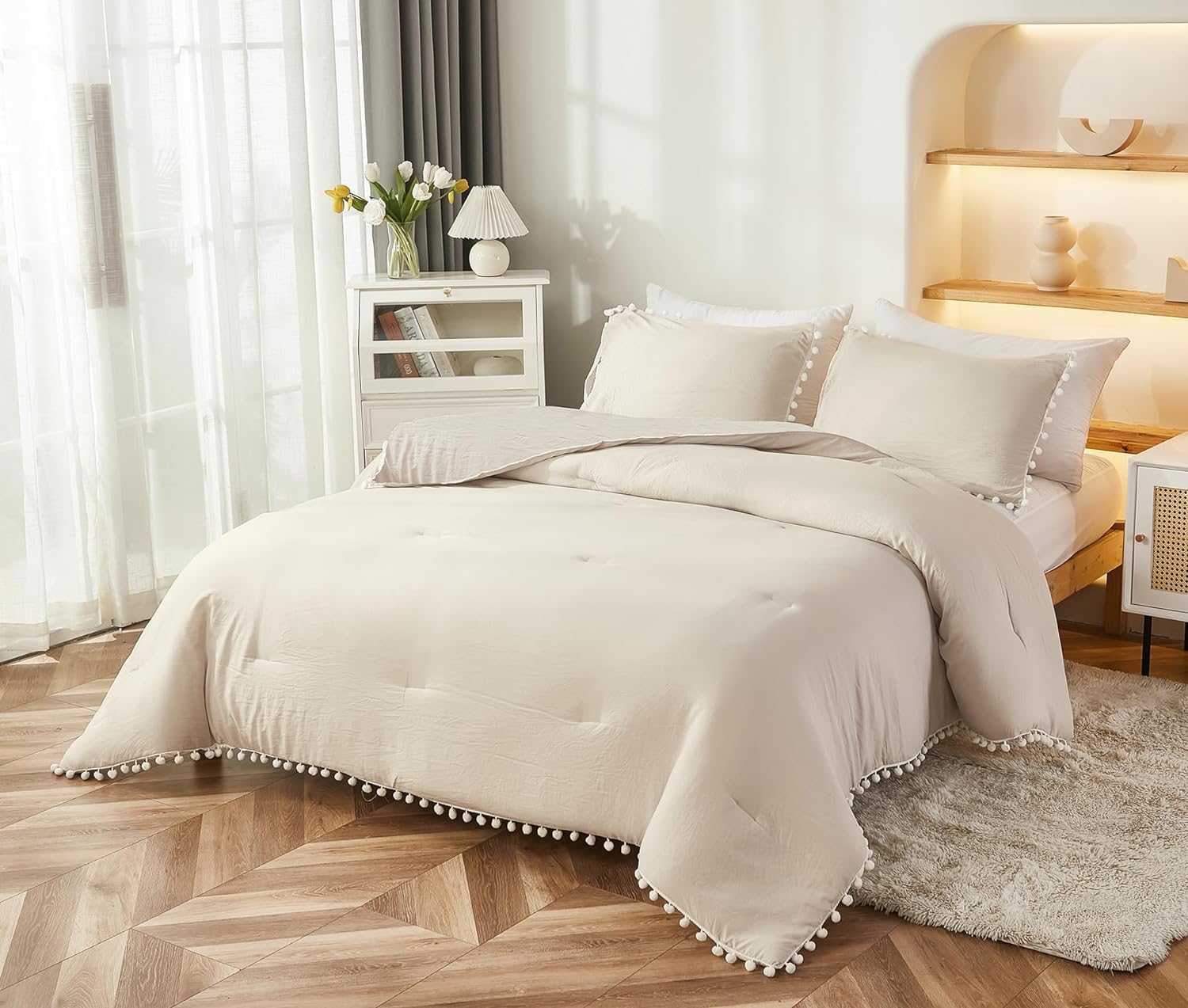 Bedbay Juego de edredón con pompones, color beige, bohemio, juego de ropa de cama para niños y niñas, juego de ropa de cama de microfibra ultra