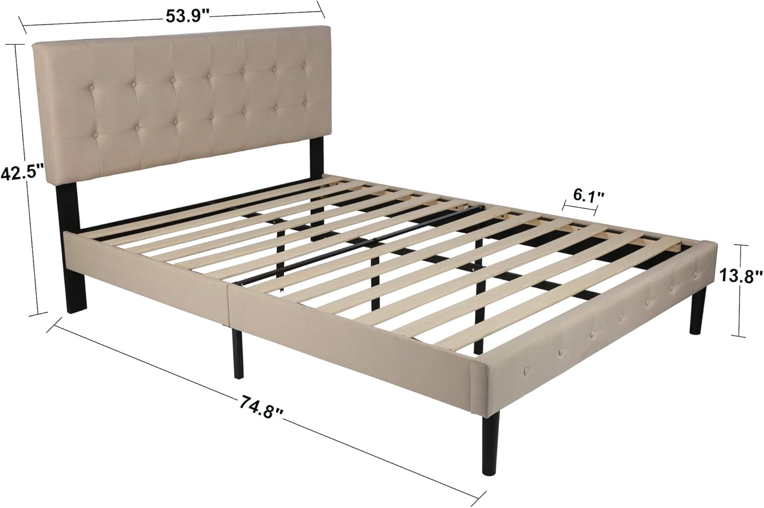 Base de cama tapizada de 14 pulgadas con cabecera de colchón, soporte de listones de madera, no necesita somier, color beige (tamaño matrimonial)