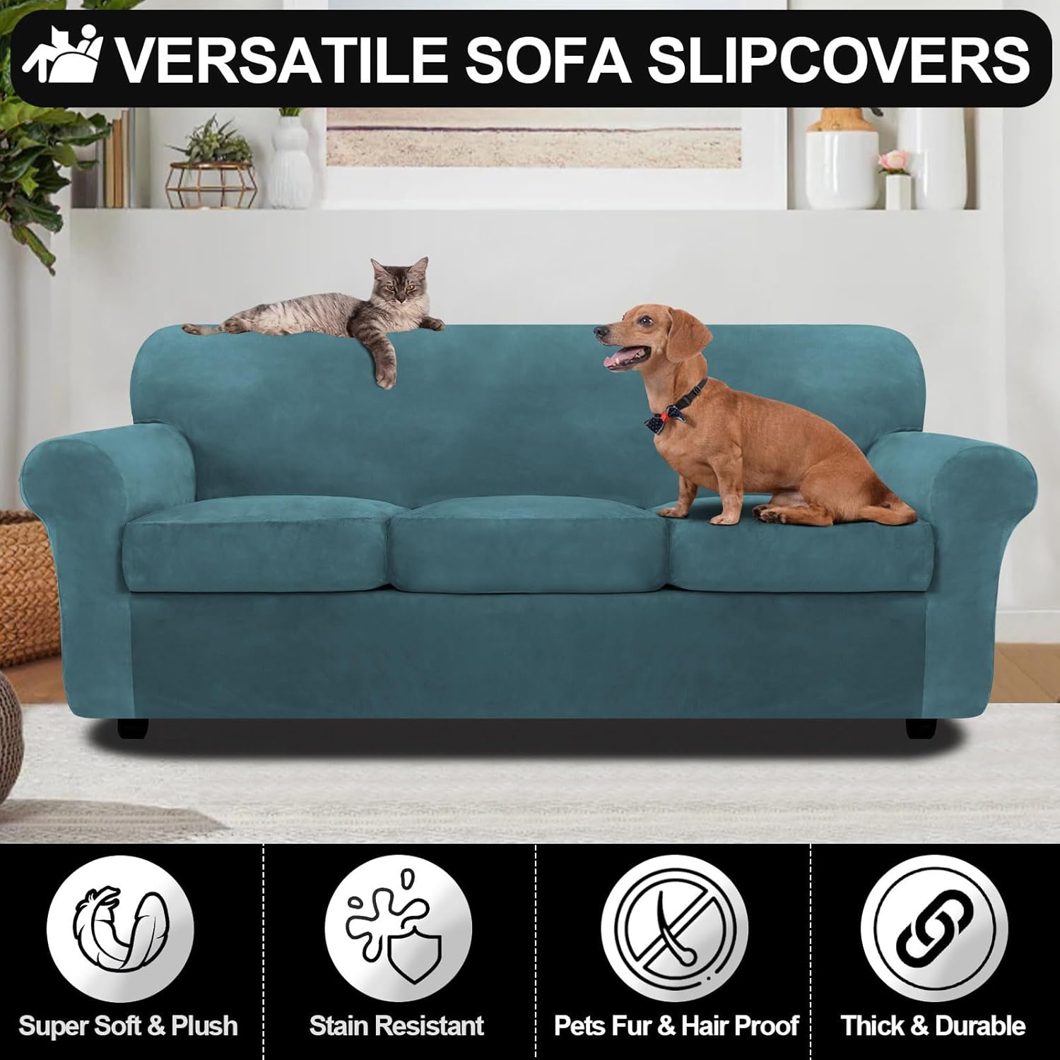 Festicorp Funda de terciopelo para sofá, funda para sofá de 3 cojines para sofá con 3 cojines, funda elástica de 4 piezas, funda gruesa para muebles