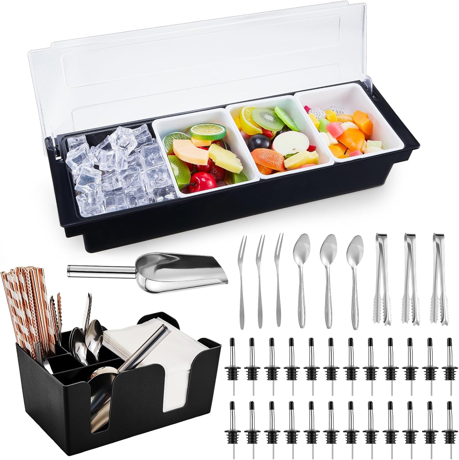 Nuanchu Contenedor de servir condimentos refrigerado por hielo, cuchara de acero inoxidable para hielo, 3 pinzas para servir, 3 tenedores de