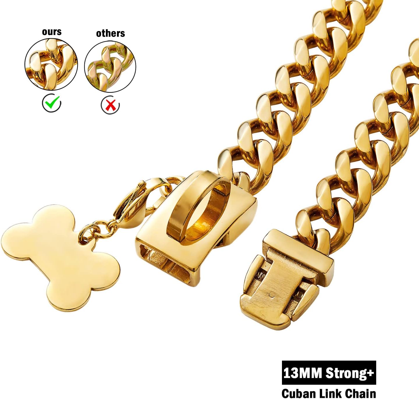 Collar de cadena de oro para perro, chapado en oro de 18 quilates, cadena de eslabones cubanos de acero inoxidable para perros medianos (longitud –