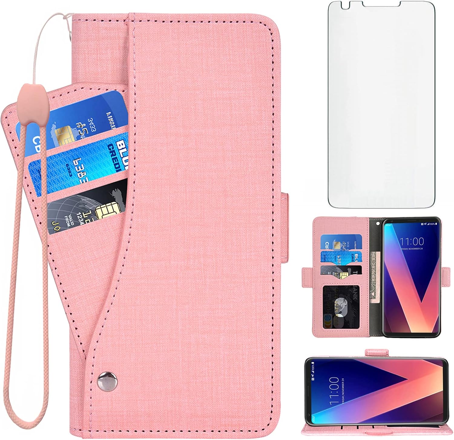 Asuwish Compatible con LG V35 ThinQ V30 Plus – Funda tipo cartera, protector de pantalla de vidrio templado y portatarjetas, fundas para teléfono