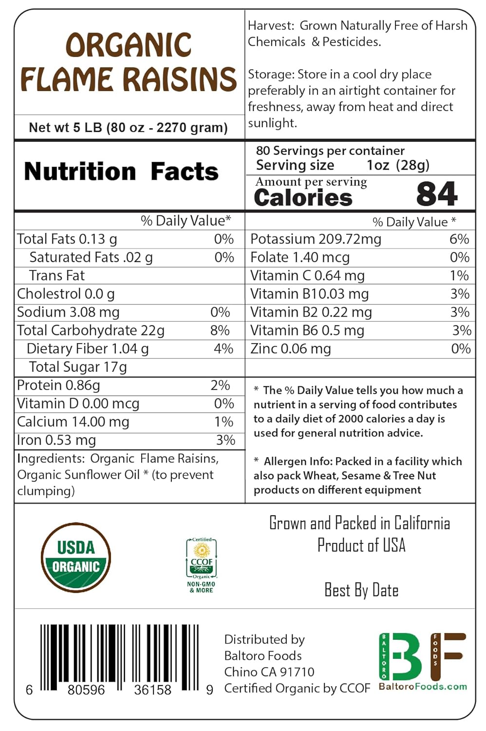 Baltoro Foods – Pasas orgánicas sin semillas, sin azúcar añadido, sin OMG, veganas, sin pesticidas, sin sulfuro, cultivadas en Estados Unidos, por