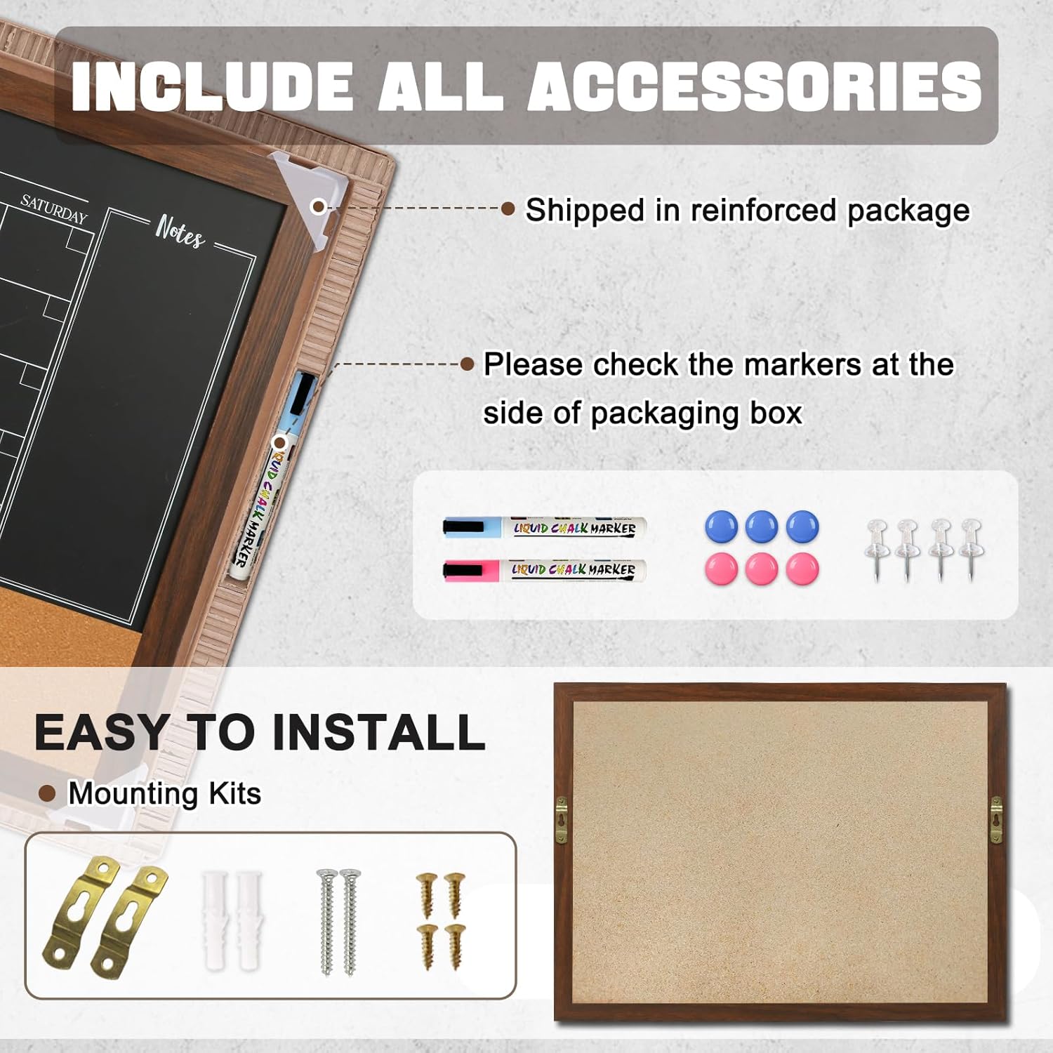 4 THOUGHT Pizarra de pizarra con calendario y corcho, tablero de anuncios de 18 x 24 pulgadas, pizarra magnética para pared, tablero de combinación