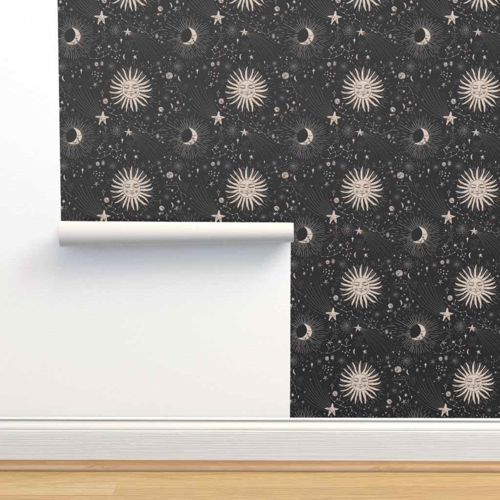 Spoonflower Papel tapiz para despegar y pegar – Boho Astronomía Celestial Astrología Negro Beige Bohemio Femenino Papel pintado extraíble