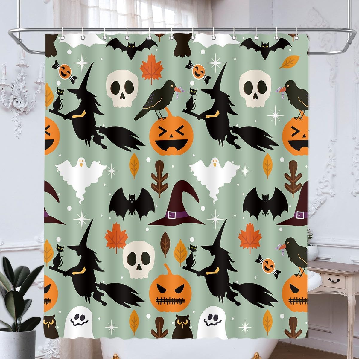DePhoto Cortina de ducha de Halloween, calabaza, bruja negra, para niños, murciélago, cuervo, hojas de arce, sombrero de mago, calavera, fantasma,