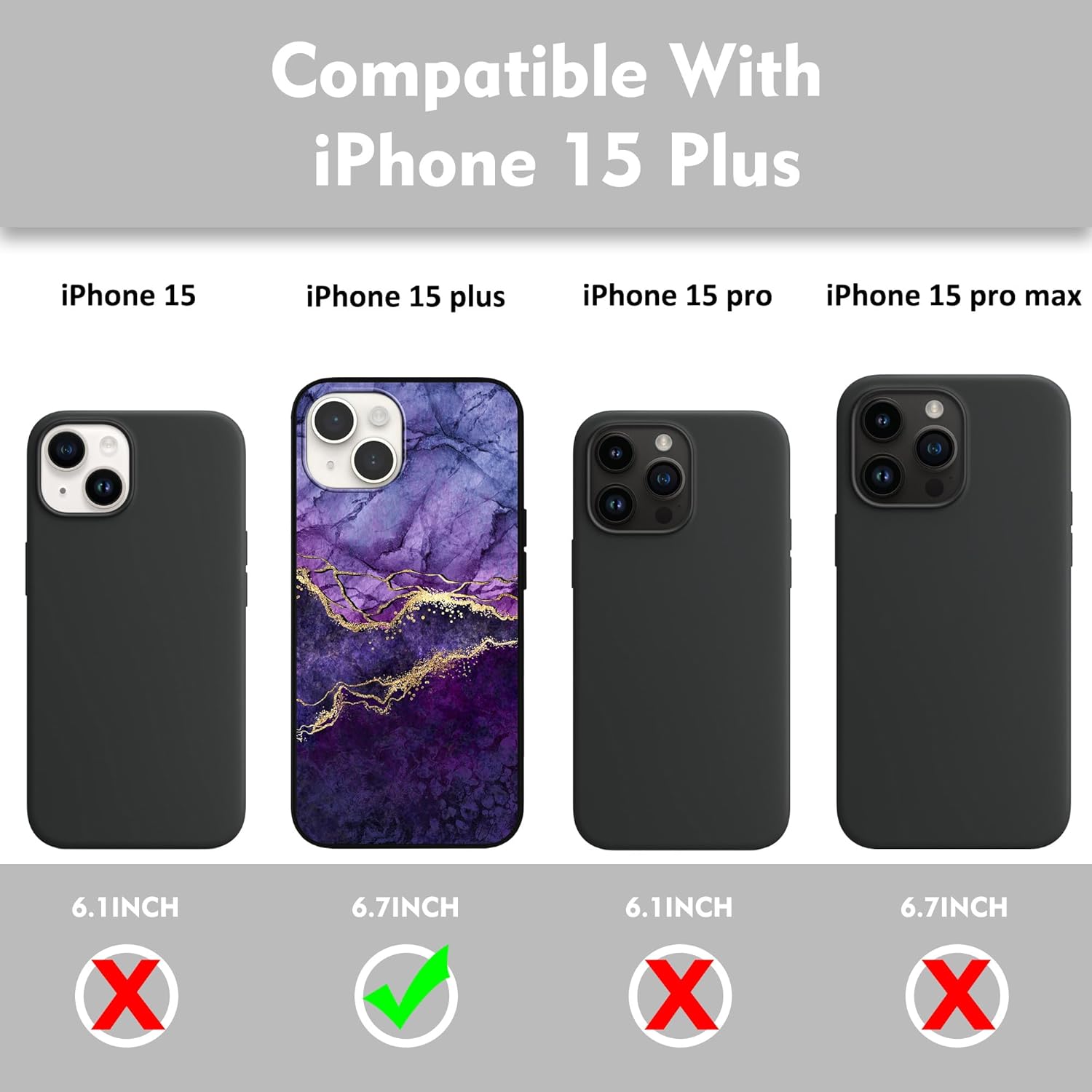 Diseñada para iPhone 15 Plus, funda de teléfono con patrón de mármol morado y venas doradas, para iPhone 15 Plus de 6.7 pulgadas, TPU suave,