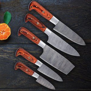 Wild Turkey Handmade Damasco – Juego de cuchillos de chef de cocina de 6 piezas, cuchillas completas de espiga marrón y azul, mango de madera de Wild Turkey Handmade Damasco – Juego de cuchillos de chef de cocina de 6 piezas, cuchillas completas de espiga marrón y azul, mango de madera de