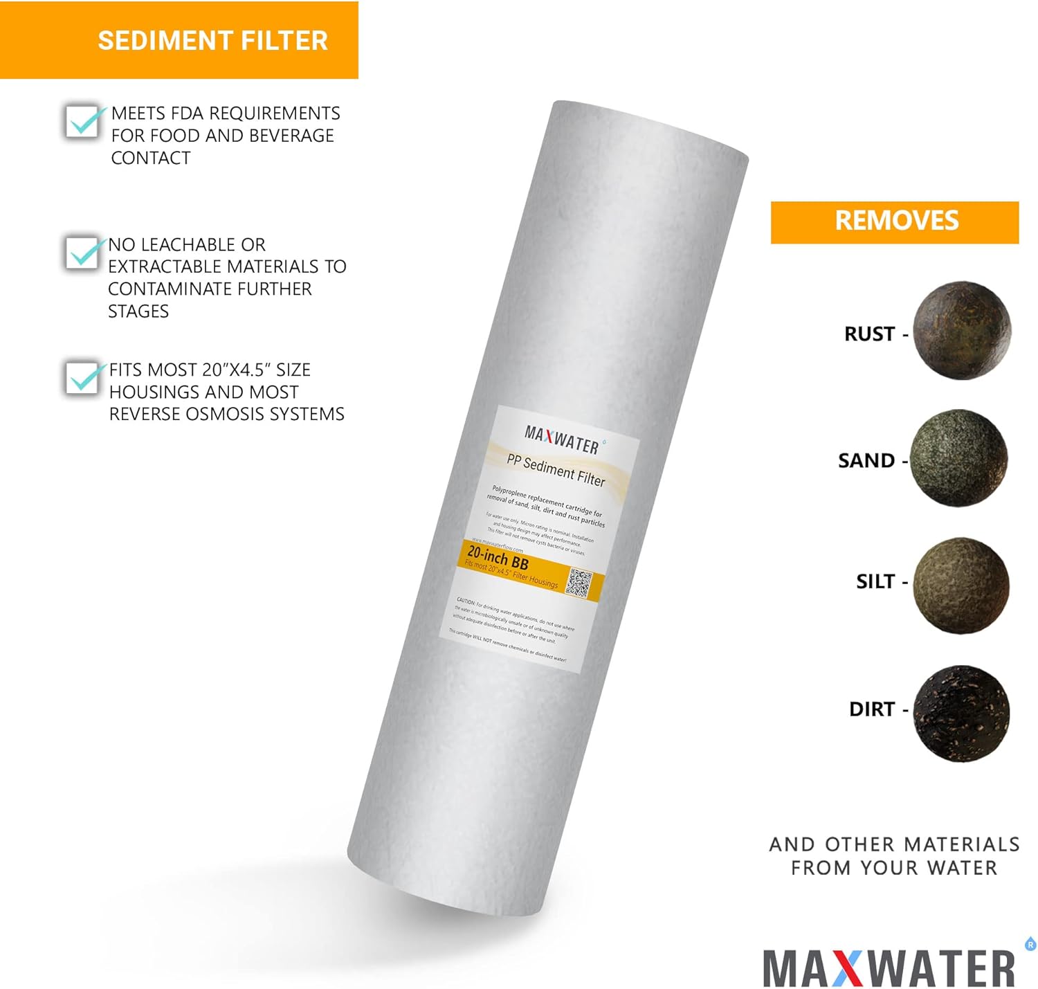 Max Water Cartucho de filtro de agua de sedimentos de repuesto de 20 x 4.5 pulgadas, 10 micrones para toda la casa, fibra de filtración soplada por