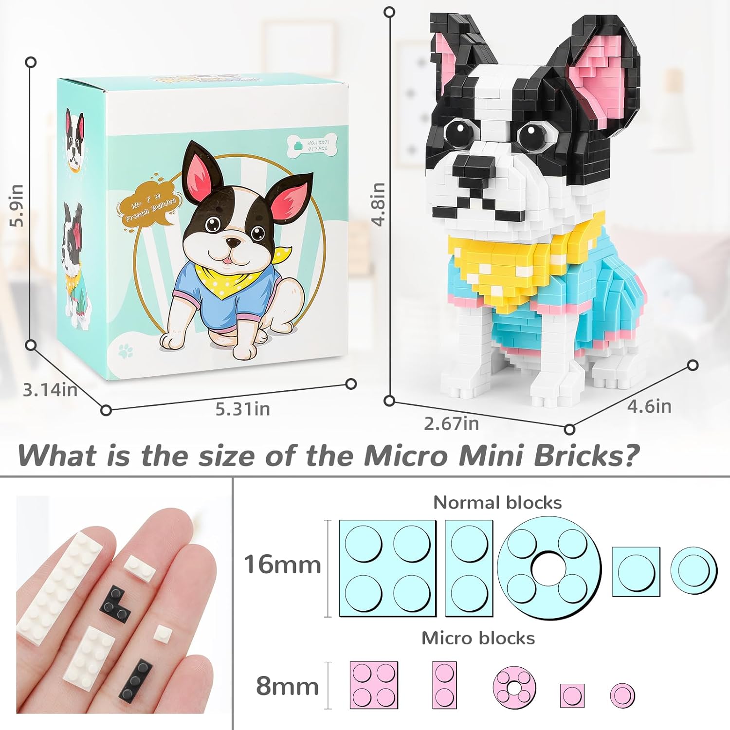 QLT – Kit de microbloques de construcción de animales lindos, juguetes de construcción de microladrillos de bulldog francés para adultos, recuerdos