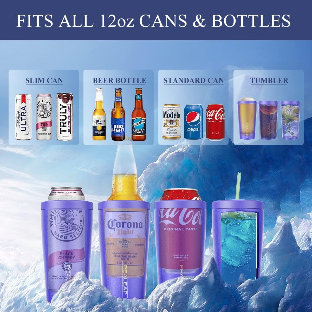 Enfriador de latas delgado 4 en 1 para latas de 12 onzas y botellas de cerveza, mantiene 8 horas frías, fácil de sostener, soporte de latas de acero