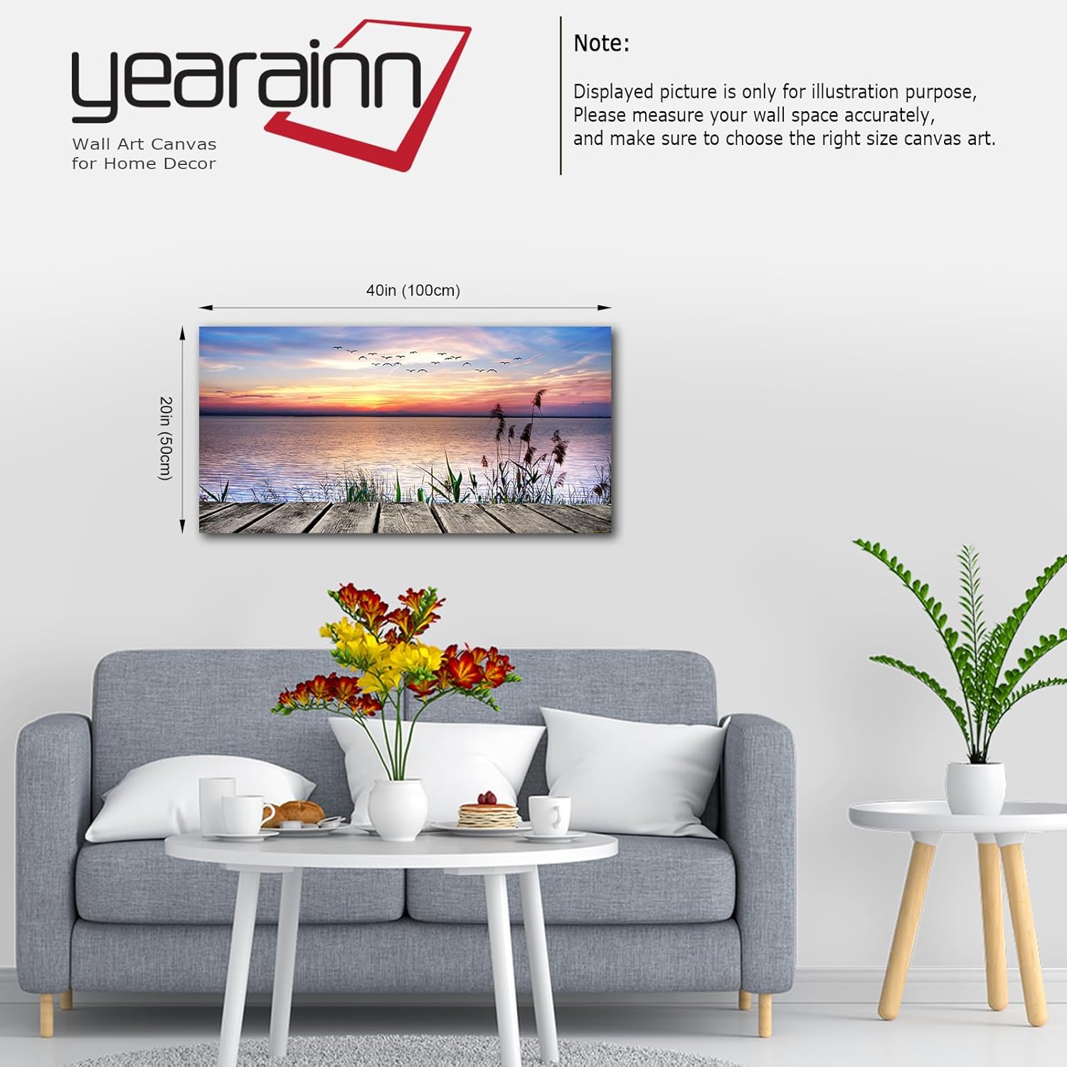 yearainn Lienzo decorativo para pared, lago, muelle, puesta de sol, paisaje con pájaros voladores, obra de arte de lienzo larga, ilustraciones