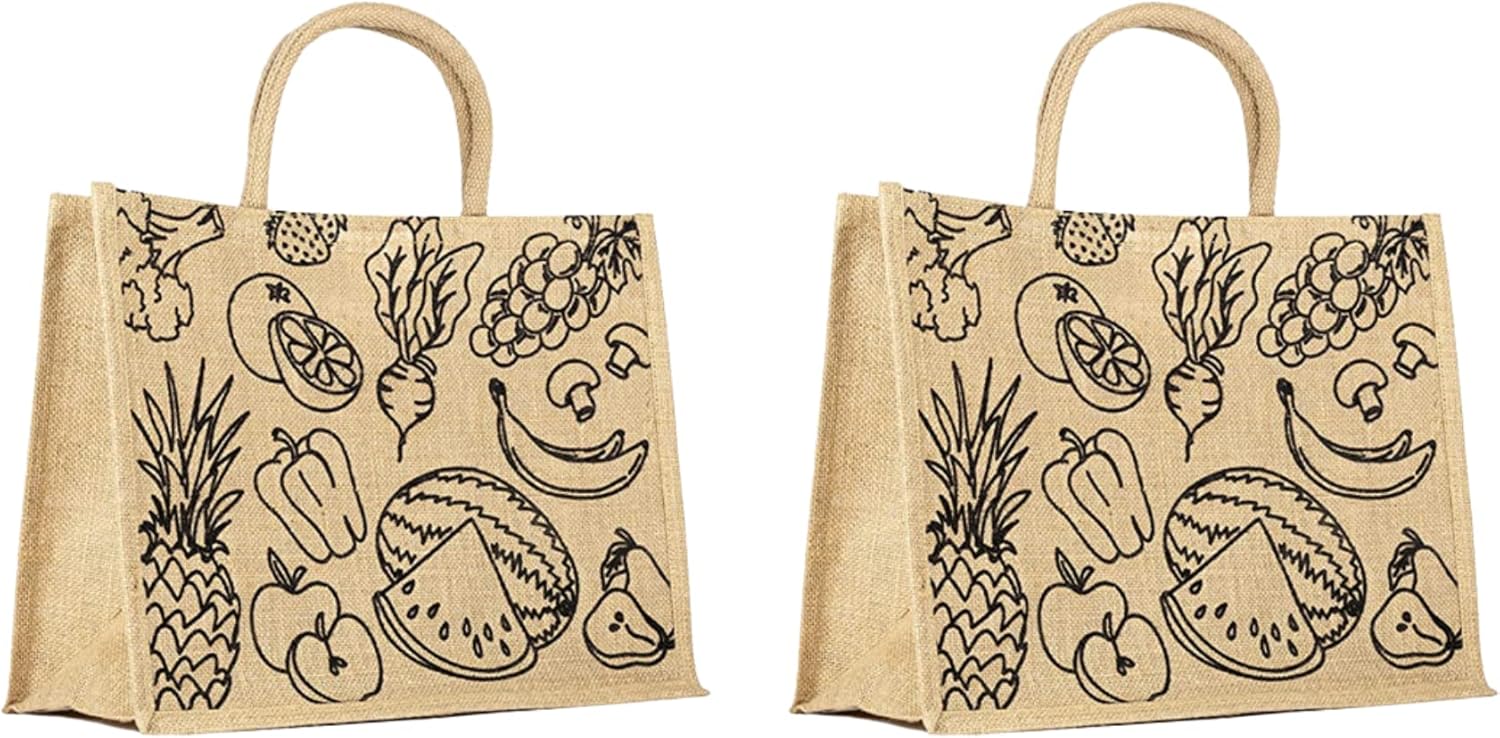 Bolsas de arpillera extra grandes, paquete de 2, compras de comestibles, diseño de frutas y verduras, ecológicas, asas de algodón, reutilizables y