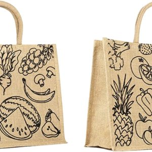 Bolsas de arpillera extra grandes, paquete de 2, compras de comestibles, diseño de frutas y verduras, ecológicas, asas de algodón, reutilizables y Bolsas de arpillera extra grandes, paquete de 2, compras de comestibles, diseño de frutas y verduras, ecológicas, asas de algodón, reutilizables y