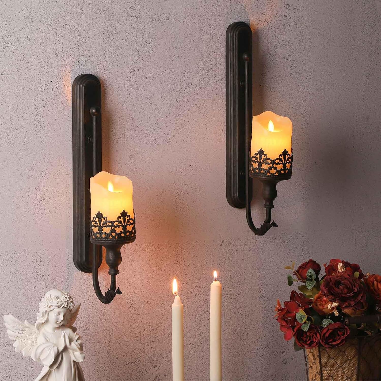 We Moment Juego de 2 candelabros de pared de metal, portavelas de pared negro, moderno candelabros de pared colgantes, corona retro para sala de