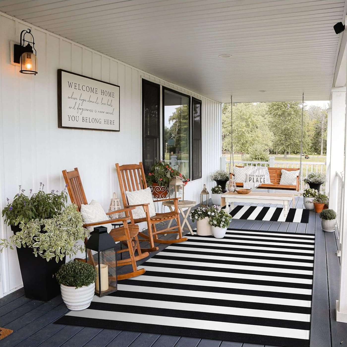 KIMODE – Alfombra de algodón tejida con diseño a rayas en color negro, para puerta de entrada, cocina, decoración de estilo rústico