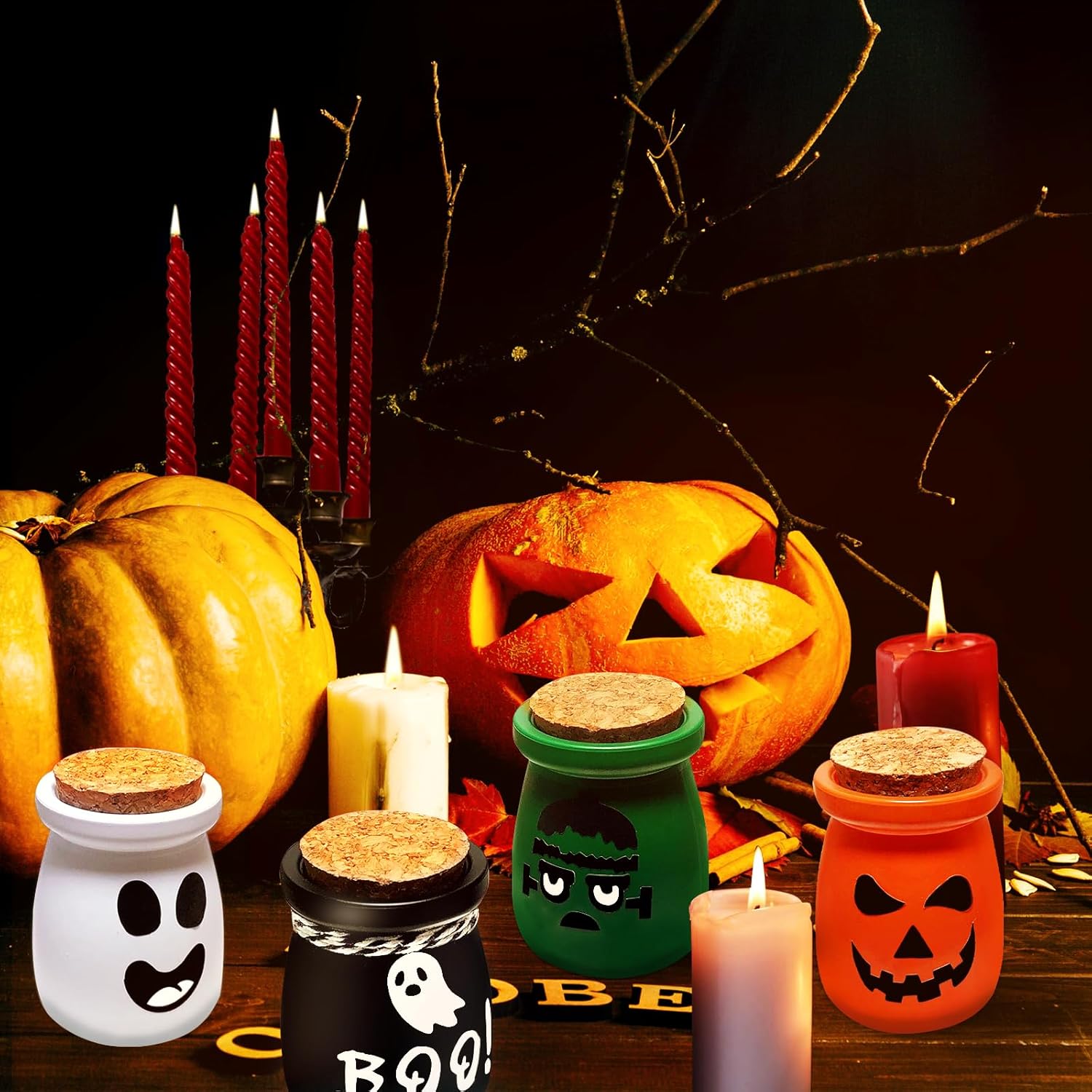 Decoraciones de Halloween para interiores, 6 botellas de poción para decoración de Halloween, mini tarros de Halloween con fantasma, murciélago,