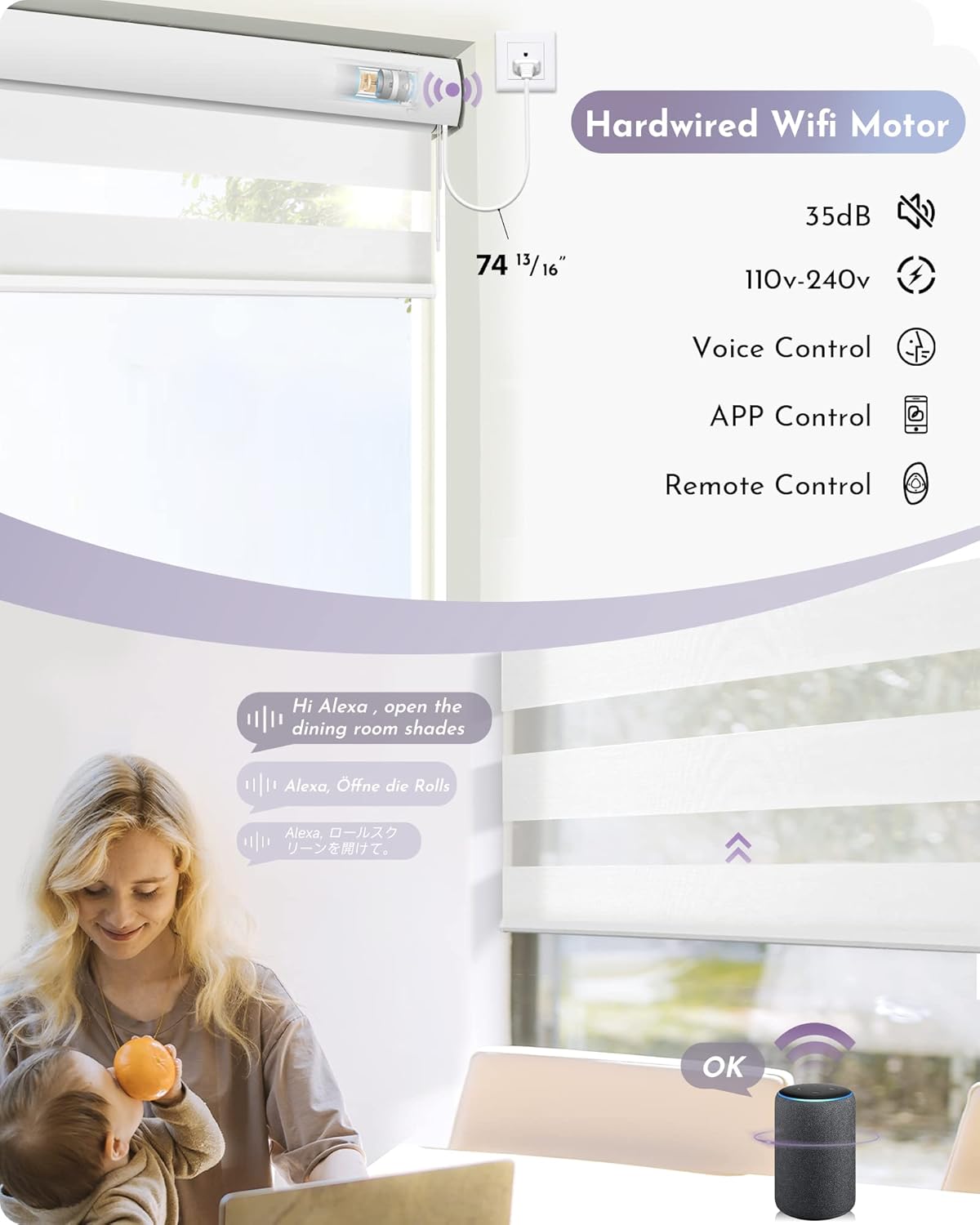 Graywind Persianas horizontales motorizadas de cebra compatibles con Alexa Google WiFi, persianas enchufables con cable para filtrar la luz, tamaño