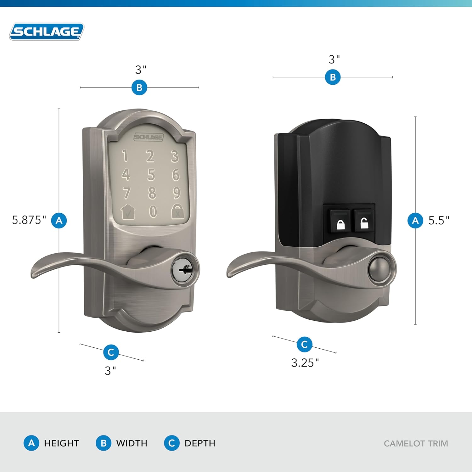 Schlage FE789WB CAM 622 Acc Encode WiFi Accent Lever Smart Lock, cerradura de puerta con pantalla táctil de entrada sin llave con borde Camelot,