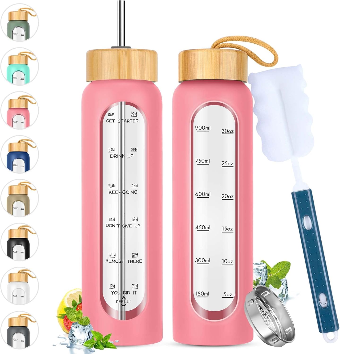 Botellas de agua de vidrio de 32 onzas con popote, botella de agua de vidrio motivacional con marcador de tiempo y funda de silicona, vaso de vidrio