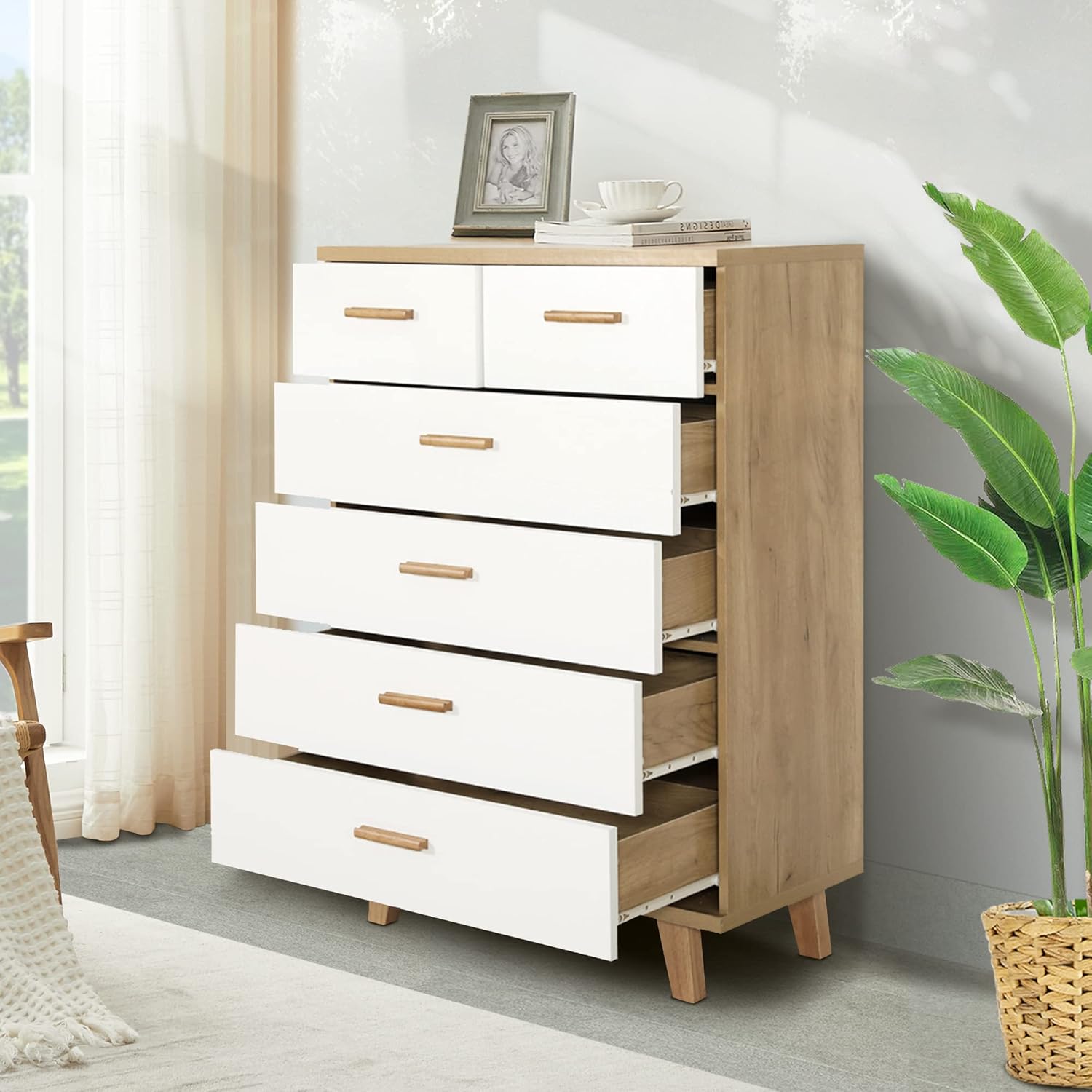 SSLine Cómoda de 6 cajones, cómoda moderna con patas y pomos de madera maciza, mesa auxiliar grande armario de almacenamiento para dormitorio, sala