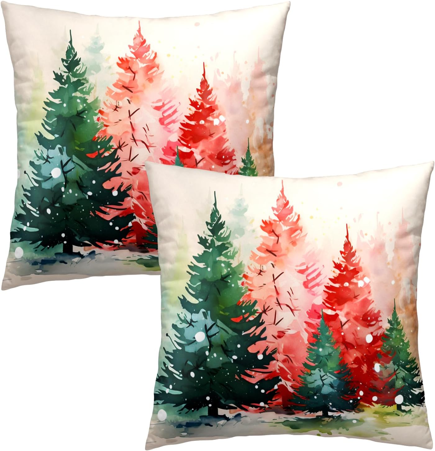 Juego de 2 fundas de almohada con diseño de acuarela para árbol de Navidad, color rojo y verde, para decoración del hogar, sofá, cama, 16 x 16