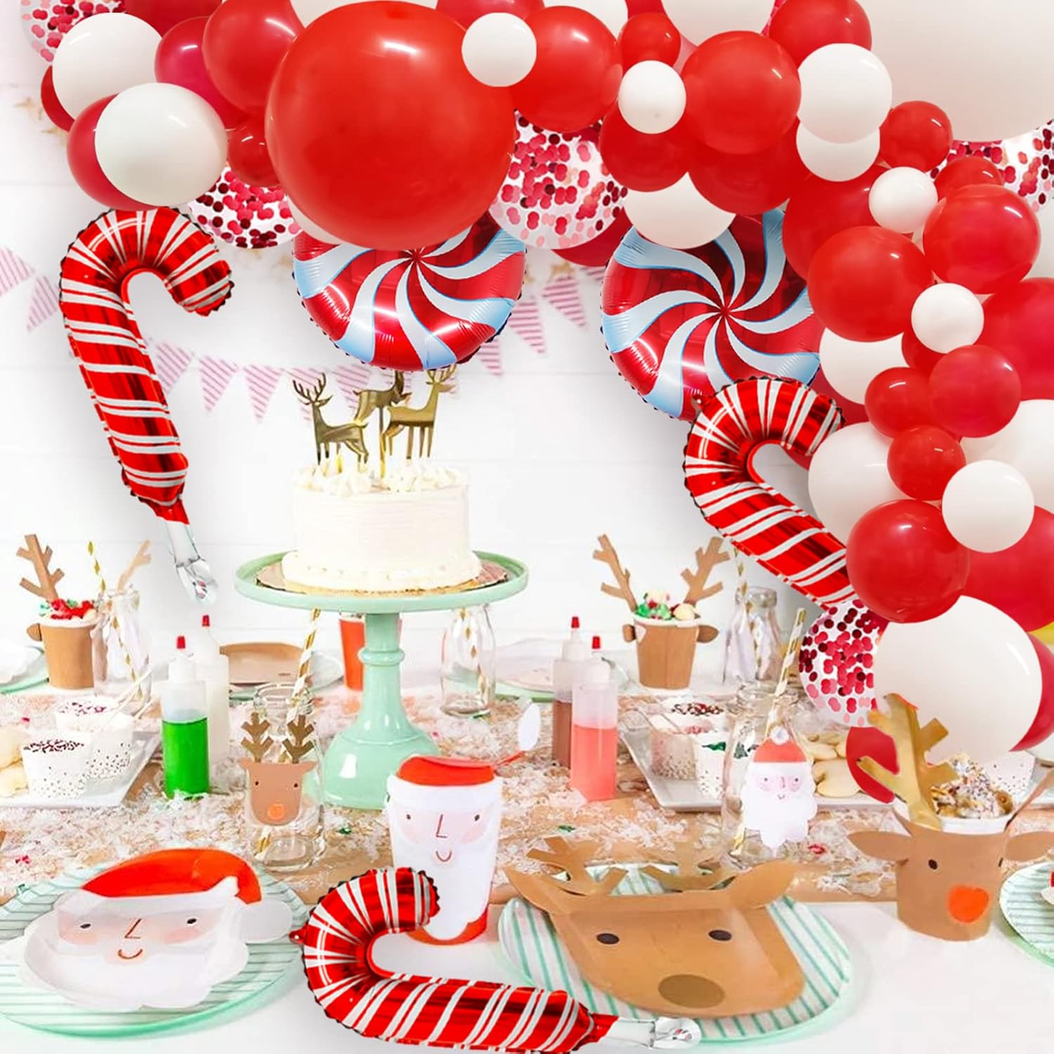 Kit de guirnalda de globos de bastón de caramelo de Navidad de 115 piezas para decoraciones de Navidad, globos de látex blanco y rojo con bastón de