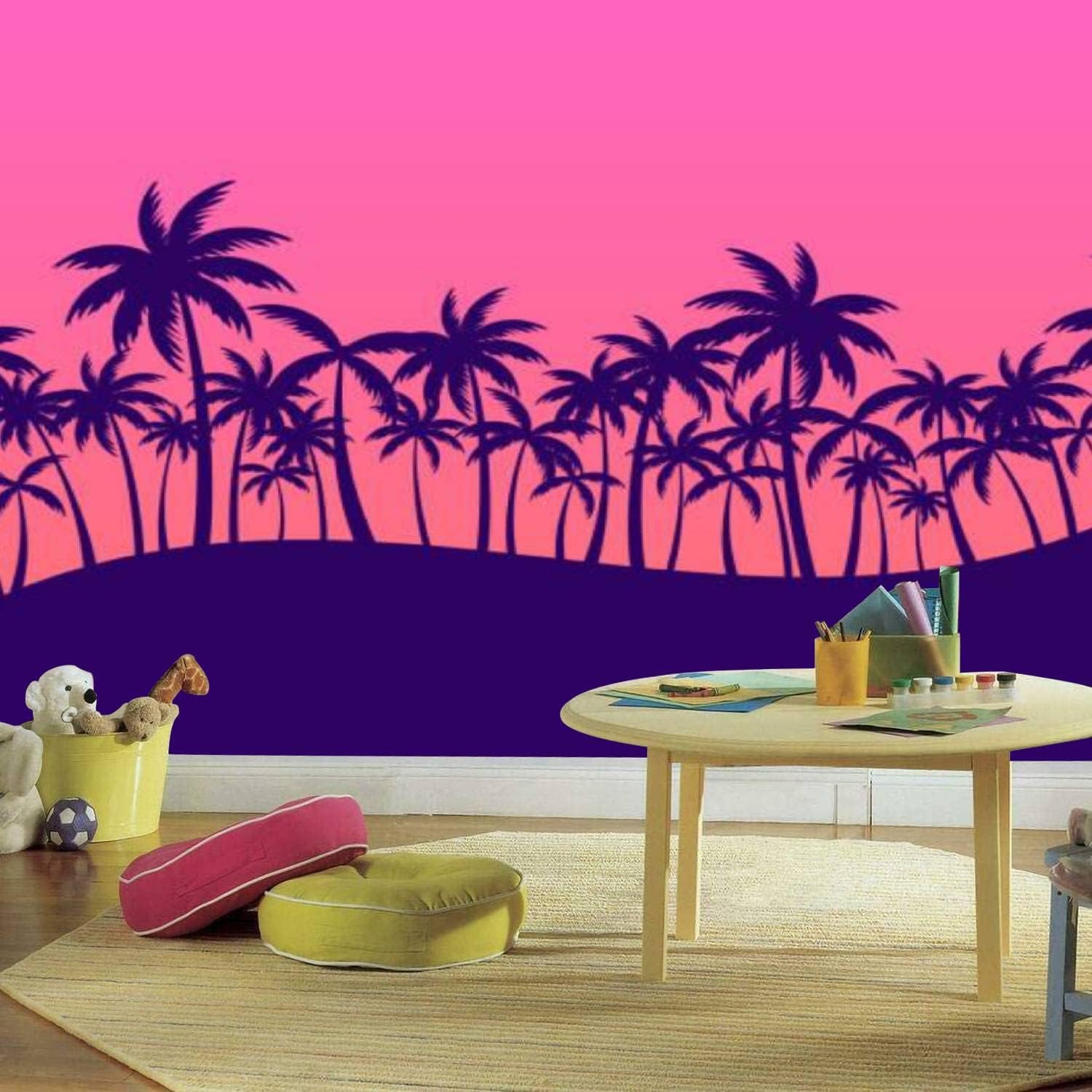 Murales de pared modernos 3D de paisaje nocturno de palmeras, siluetas de palmeras al atardecer, papel tapiz tropical para despegar y pegar,